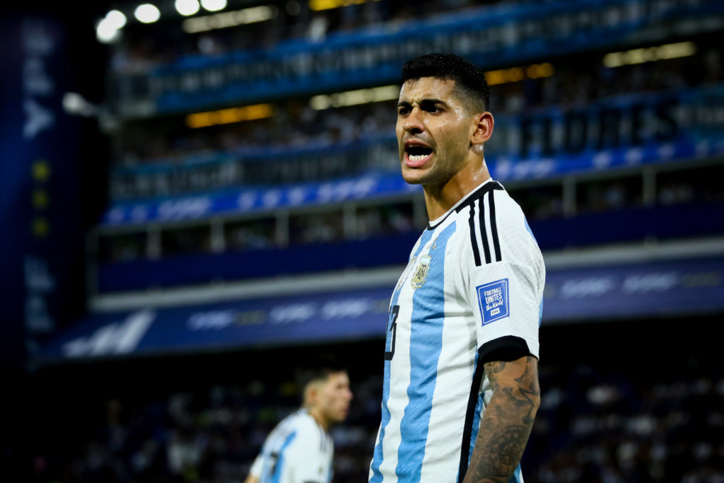 Cristian Romero of Argentina reacts during the match between