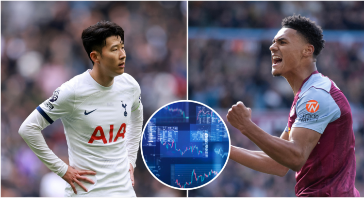 A composition of images including Tottenham's Heung-Min Son (left) a stock market image (centre) and Aston Villa striker Ollie Watkins (right)