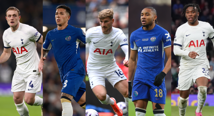 A composition of images including Oliver Skipp, Enzo Fernandez, Timo Werner, Christopher Nkunku and Destiny Udogie