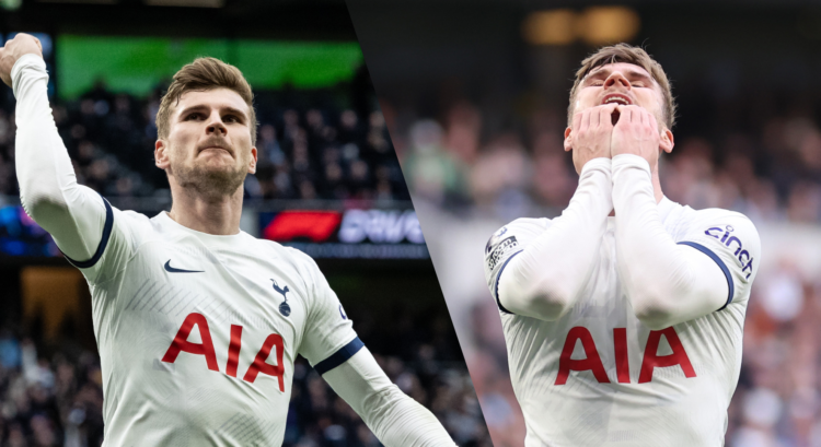 Two images featuring Tottenham loanee Timo Werner celebrating and reacting in despair