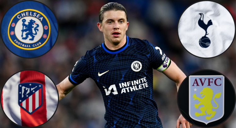 A composition of images featuring Conor Gallagher, the Tottenham, Aston Villa, Chelsea and Atletico Madrid badge.