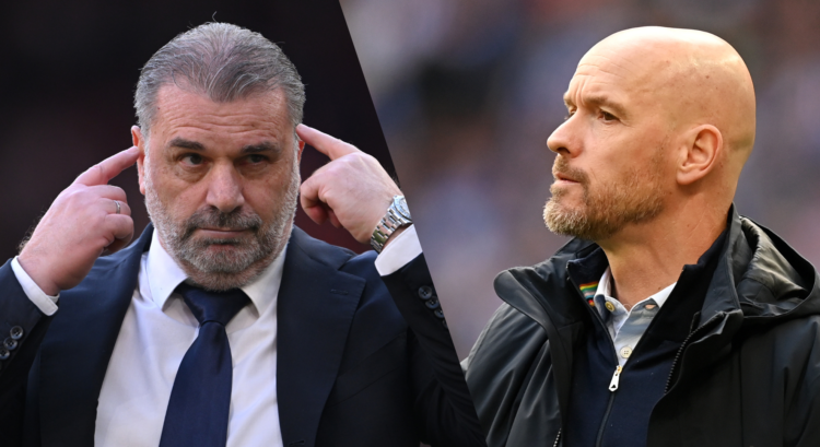 An image that features Tottenham boss Ange Postecoglou and Manchester United manager Erik ten Hag.