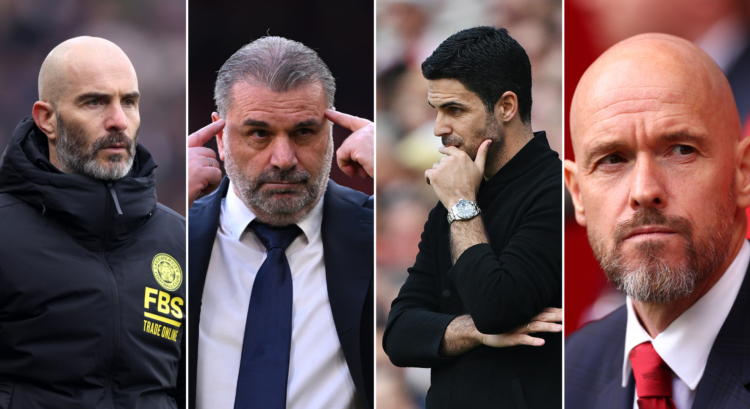 An image featuring Chelsea boss Enzo Maresca, Tottenham manager Ange Postecoglou, Arsenal head coach Mikel Arteta and Manchester United boss Erik t...