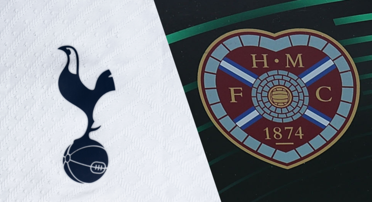 An image featuring the Tottenham and Hearts badge ahead of their 2024 pre-season friendly.