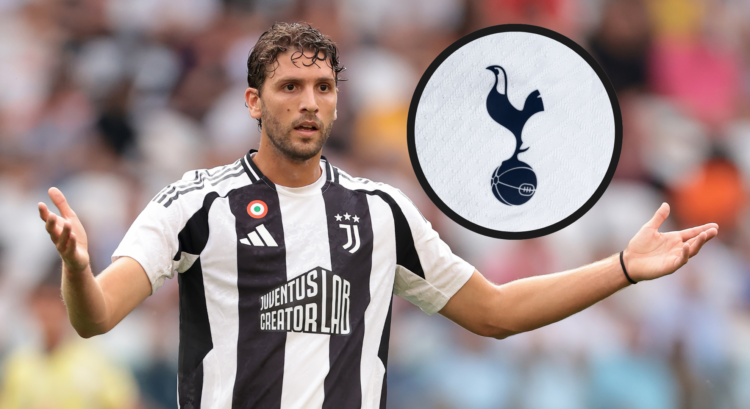 An image featuring Juventus star Manuel Locatelli and a Tottenham badge.