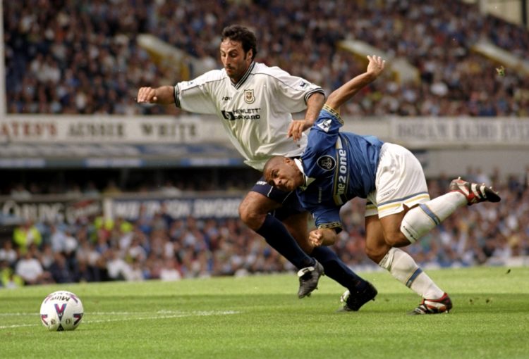29 Aug 1998:  Danny Cadamarteri of Everton tries to get past Ramon Vega of Tottenham Hotspur during the FA Carling Premiership match at Goodison Pa...