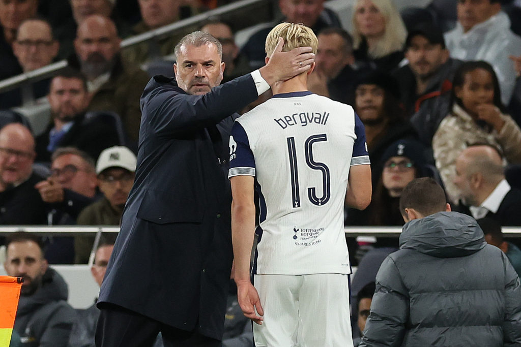 Ange Postecoglou manager / head coach of Tottenham Hotspur consoles Lucas Bergvall of Tottenham Hotspur