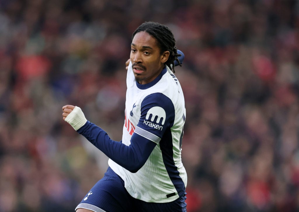 Djed Spence playing for Tottenham against Manchester United in the Premier League.