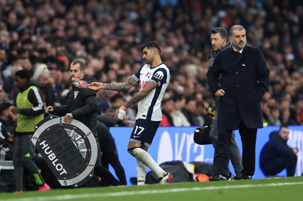 Cristian Romero of Tottenham Hotspur throws one of his boots after he is substituted due to injury during the Premier League match between Tottenham Hotspur FC and Aston Villa FC