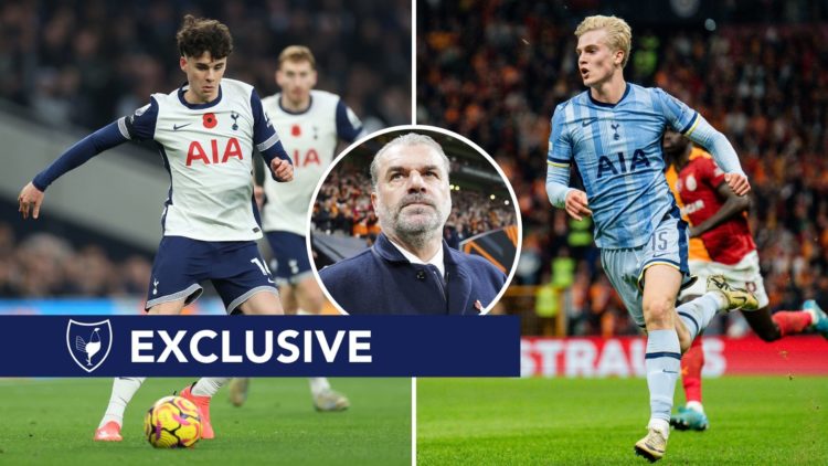 Split image of Archie Gray and Lucas Bergvall. Inset, Ange Postecoglou.