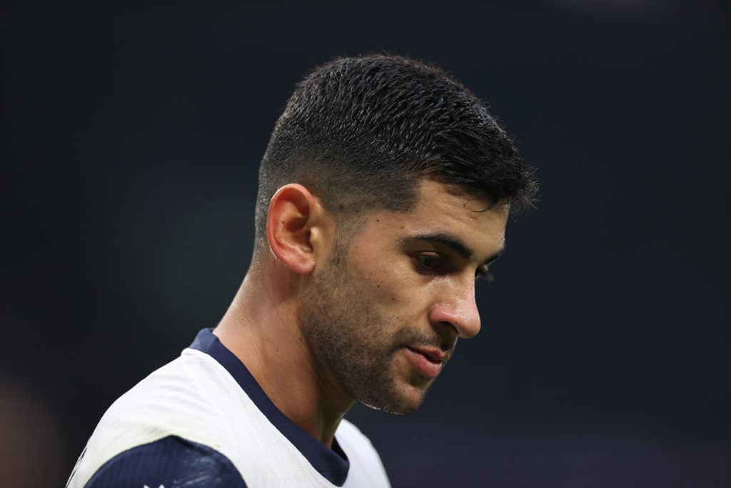 Tottenham defender Cristian Romero with head down