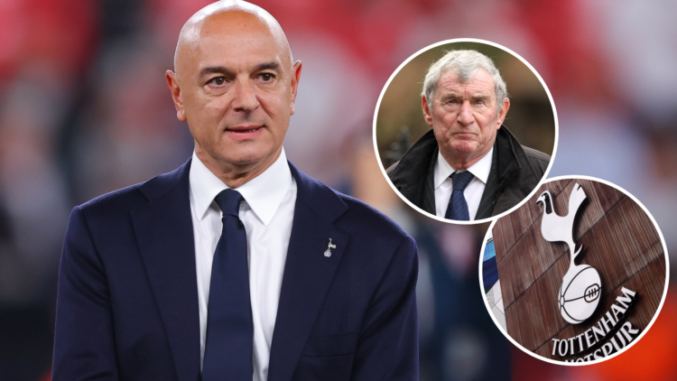 Daniel Levy looks on during the Europa League final (main) with David Pleat (inset) and Tottenham (inset)