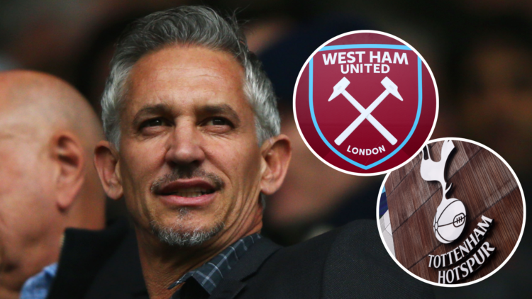 Gary Lineker looks on from the stands at Tottenham Hotspur (main) with West Ham badge (inset) and Tottenham badge (inset)