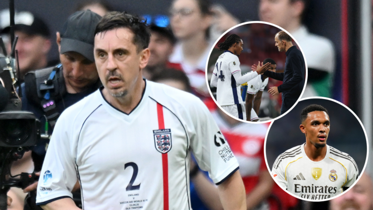 Gary Neville plays for England during Soccer Aid (main) with Djed Spence shaking Thomas Tuchel's hand (inset) and Trent Alexander Arnold (inset)