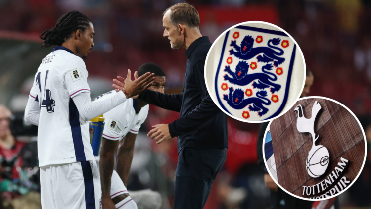 Tottenham's Djed Spence comes on against Serbia and shakes Thomas Tuchel's hand (main) with England badge (inset) and Tottenham's logo (inset)