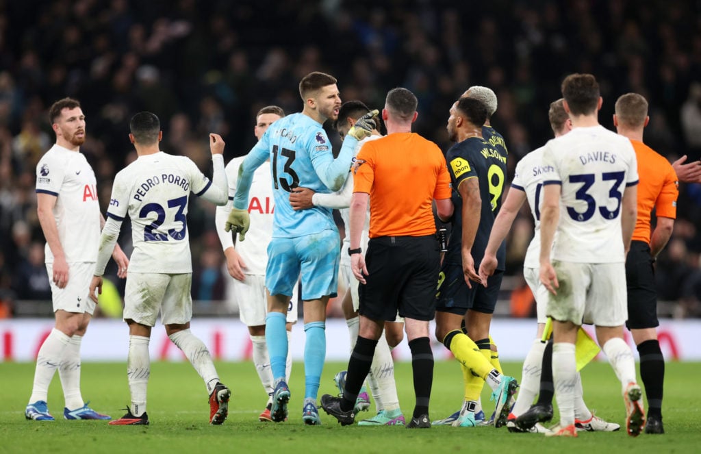Tottenham's Guglielmo Vicario and Newcastle's Callum Wilson arguing