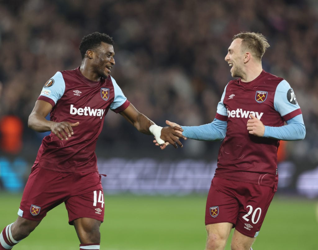 Mohammed Kudus and Jarrod Bowen celebrate during West Ham against Freiburg in the Europa League.