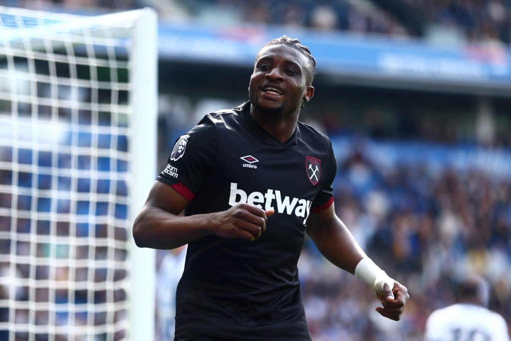 Mohammed Kudus celebrates scoring for West Ham against Brighton in the Premier League.