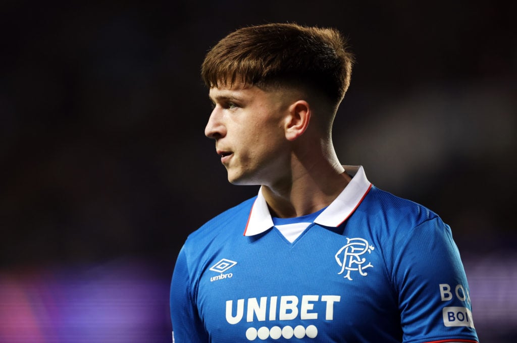Mikey Moore playing for Rangers against Club Brugge in a Champions League play-offs round first leg.
