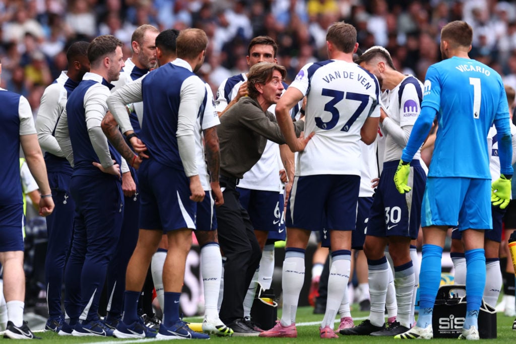 Tottenham manager Thomas Frank giving out instructions to players