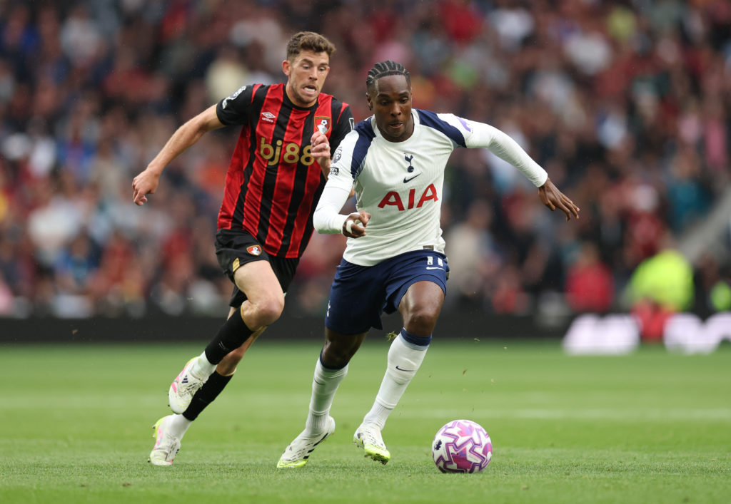 Tottenham forward Mathys Tel running with the ball