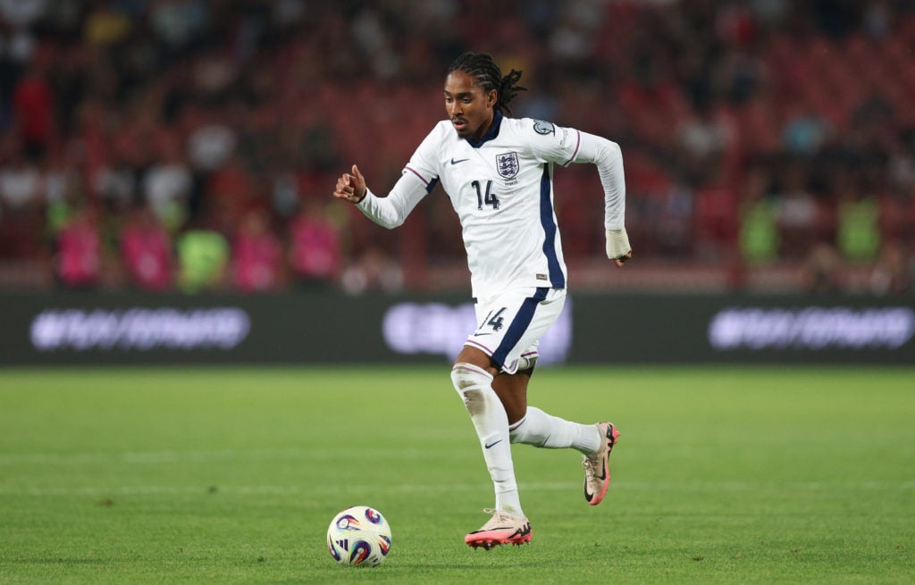 Djed Spence kicks the ball as he makes his England debut against Serbia
