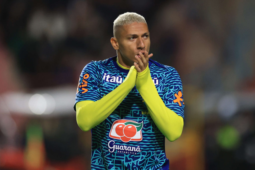 Richarlison warming up before Brazil against Bolivia in a World Cup qualifier.