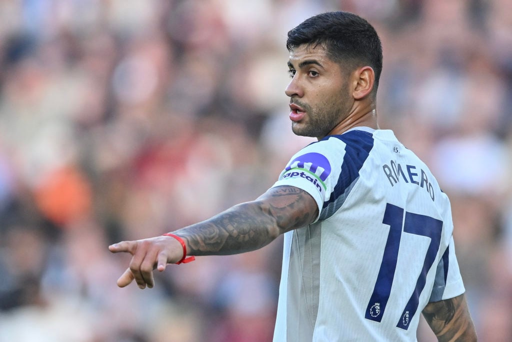 Cristian Romero playing for Tottenham against West Ham in the Premier League.