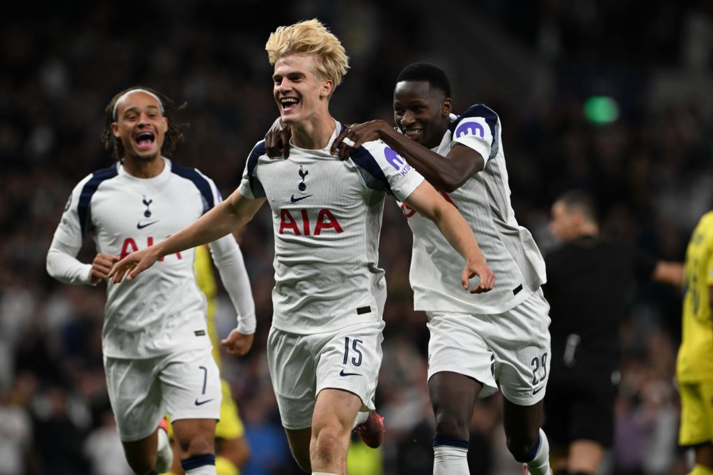Lucas Bergvall celebrates after scoring for Tottenham - Tottenham v Villarreal - UEFA Champions League