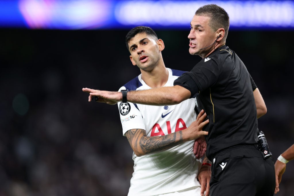 Cristian Romero gestures to Rade Obrenovic during Tottenham Hotspur v Villarreal CF - UEFA Champions League 2025/26 League Phase MD1