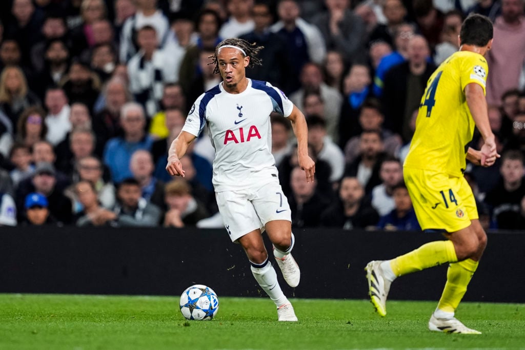 Xavi Simons dribbling for Tottenham against Villarreal in the Champions League.
