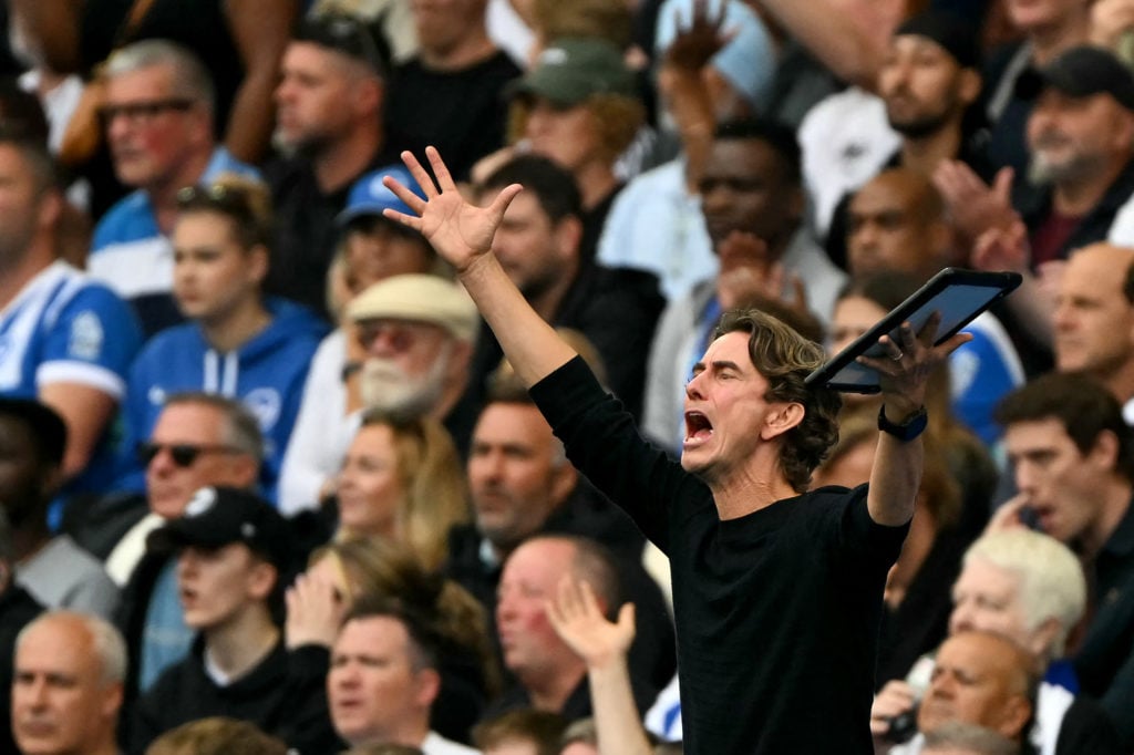 Thomas Frank reacts during Brighton vs Tottenham