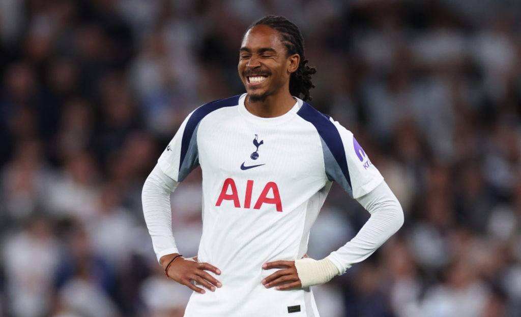 Djed Spence smiles in Tottenham Hotspur v Villarreal CF - UEFA Champions League 2025/26 League Phase MD1