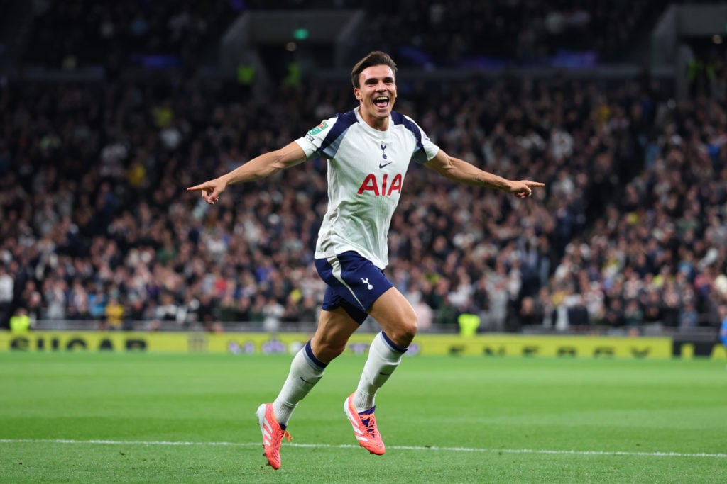 Tottenham midfielder Joao Palhinha celebrating goal