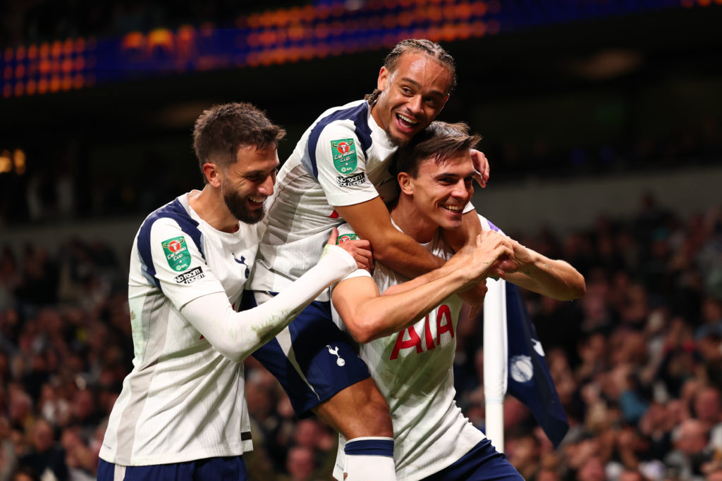Xavi Simons celebrating Joao Palhinha's goal for Tottenham