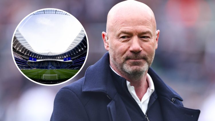 Alan Shearer at a Premier League match between Newcastle United and Manchester United. Inset, the Tottenham Hotspur Stadium.