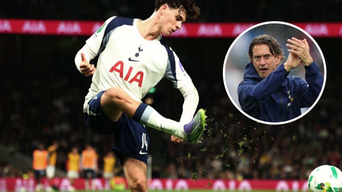 Tottenham Hotspur star Archie Gray crossing the ball during the Carabao Cup fixture against Doncaster Rovers. Inset, Thomas Frank applauds the fans...