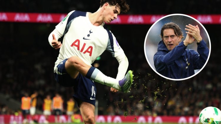 Tottenham Hotspur star Archie Gray crossing the ball during the Carabao Cup fixture against Doncaster Rovers. Inset, Thomas Frank applauds the fans...