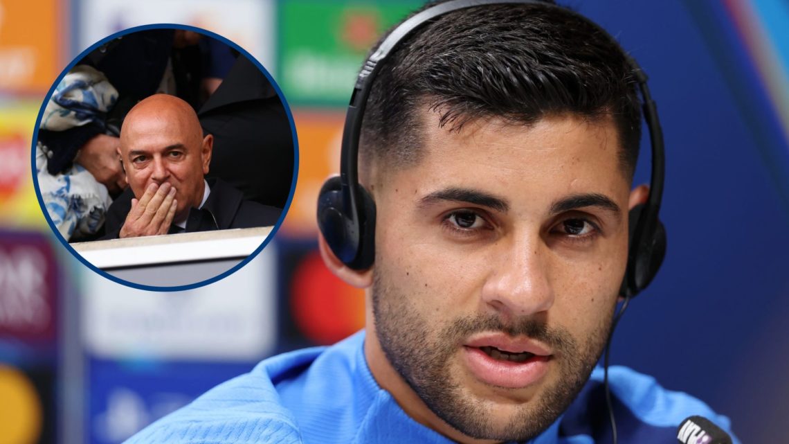 Tottenham defender Cristian Romero speaking at press conference, inset Daniel Levy watching game