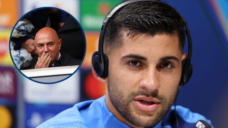 Tottenham defender Cristian Romero speaking at press conference, inset Daniel Levy watching game