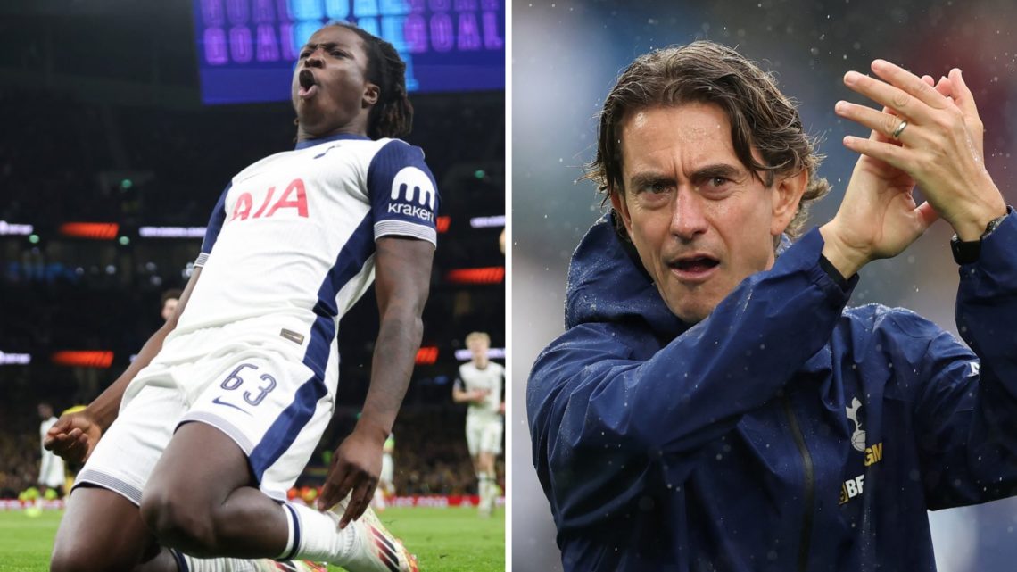 Damola Ajayi knee slides after scoring for Tottenham (left) and Thomas Frank claps the Tottenham fans (right)
