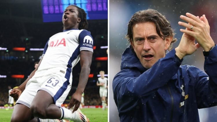 Damola Ajayi knee slides after scoring for Tottenham (left) and Thomas Frank claps the Tottenham fans (right)
