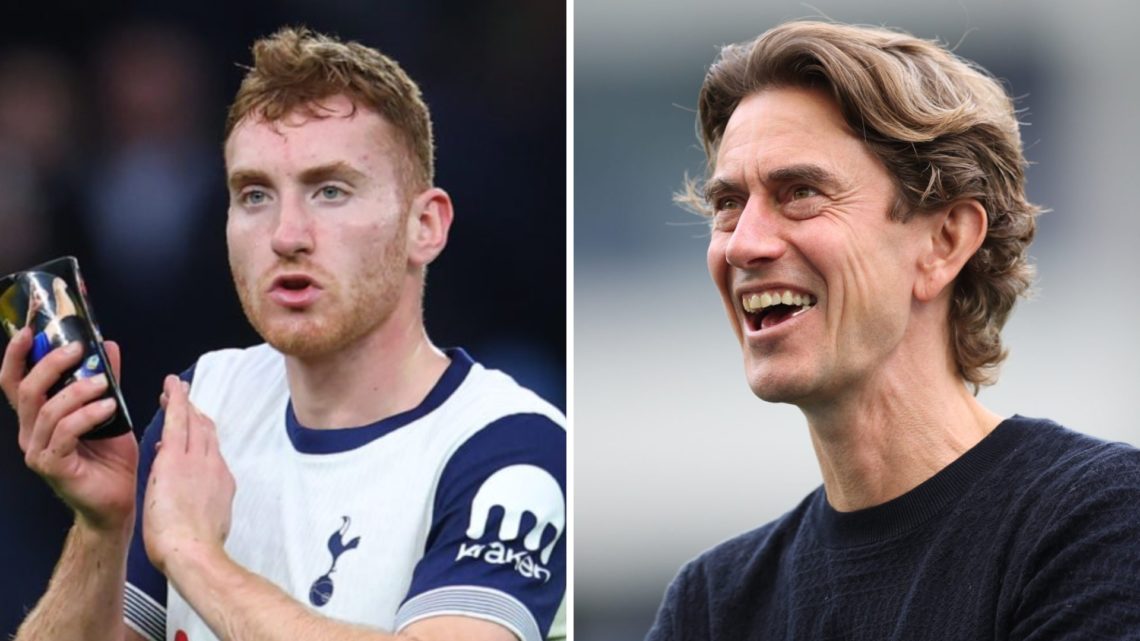 Dejan Kulusevski claps the Tottenham fans at the end of a game (left) and Thomas Frank smiles while looking on at the Tottenham fans (right)