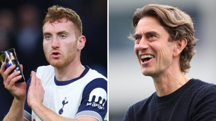 Dejan Kulusevski claps the Tottenham fans at the end of a game (left) and Thomas Frank smiles while looking on at the Tottenham fans (right)