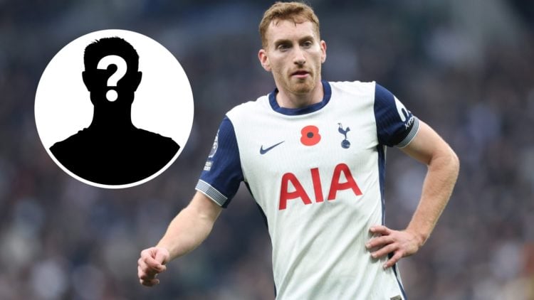 Dejan Kulusevski playing for Tottenham against Aston Villa in the Premier League. Inset, mystery football player.