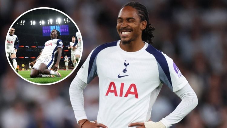 Djed Spence smiles and puts his hands on his hips while playing for Tottenham (main) and Damola Ajayi knee slides while celebrating his first Totte...