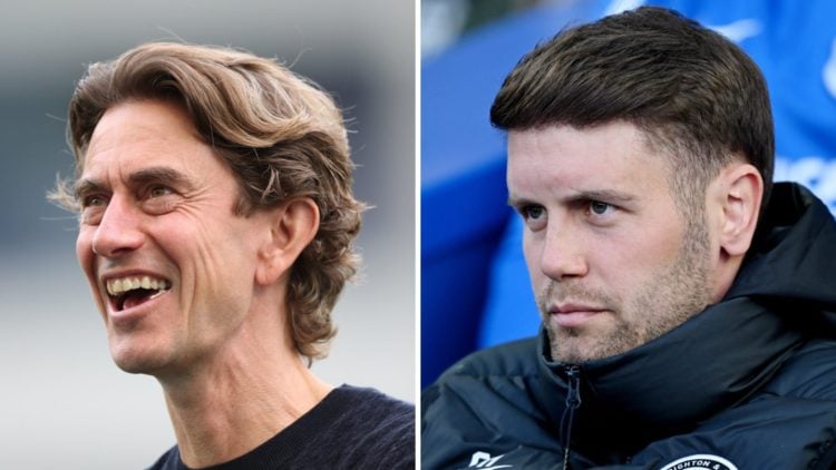 Thomas Frank smiles at the Tottenham away fans at Brighton (left) and Fabian Hurzeler looks on sitting in the Brighton dugout (right)