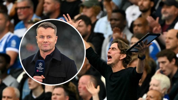 Thomas Frank reacts during Brighton vs Tottenham. Inset: Shay Given looks on during Newcastle United FC v FC Barcelona - UEFA Champions League 2025...