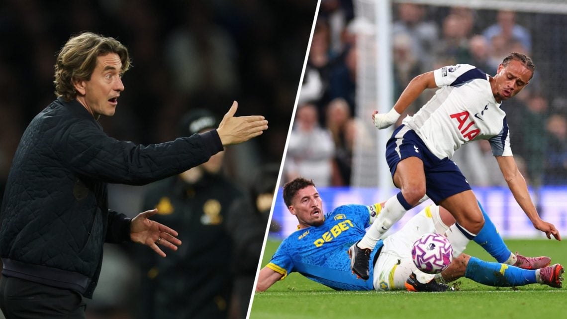 Thomas Frank gestures during Tottenham Hotspur v Wolverhampton Wanderers - Premier League. Matt Doherty challenges Xavi Simons during Tottenham Hot...