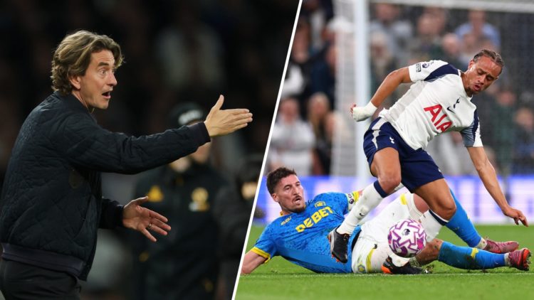 Thomas Frank gestures during Tottenham Hotspur v Wolverhampton Wanderers - Premier League. Matt Doherty challenges Xavi Simons during Tottenham Hot...